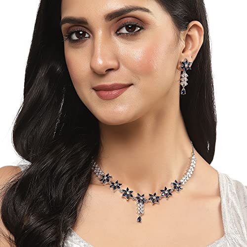 Star Shaped Silver Toned Necklace Earrings Set with American Diamond