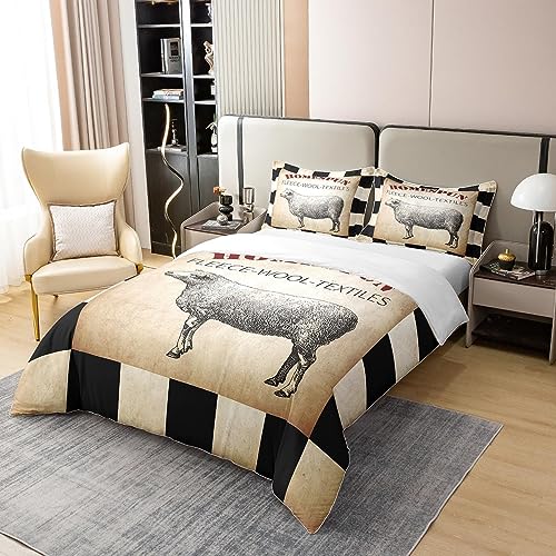Kids Girls Boys Sheep 100% Cotton Duvet Cover,Fleece Rustic Bedding Set Double,Farmhouse Animal Comforter Cover,Vintage Geometric Buffalo Plaid Check Bed Sets with 2 Pillowcases,Black and White - Image 3