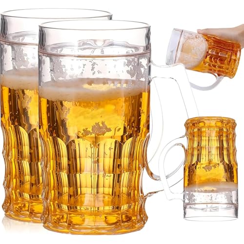 2PCSフェイクビールジョッキ 450ml/15OZ 二重層ビールジョッキ 二重層夏用氷冷おもしろマグ 中二階ハンドル付き 漏れ防止断熱 食器洗い機対応 男性/父親向けクリエイティブモデルいたずらおもちゃ