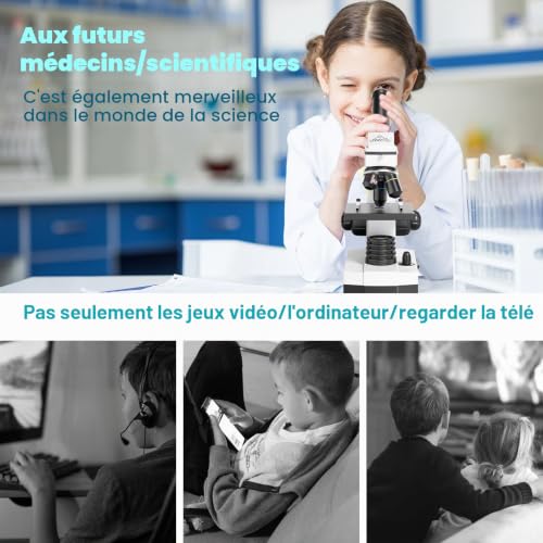 Microscope pour Enfants Adultes 100-2000x Microscopes Monoculaires Biologiques Éducatif Puissants pour Étudiants avec Accessoires Opération Diapositives Préparées Adaptateur Téléphonique – vue 4