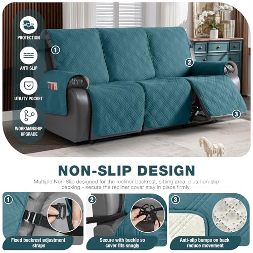 Image of TAOCOCO 100% Waterproof Recliner Sofa Cover, Non Slip Split Couch Covers for Reclining Couches with Straps, Washable Reclining Sofa Cover Furniture Protector for Kids Pets(3 Seater, Peacock Blue)