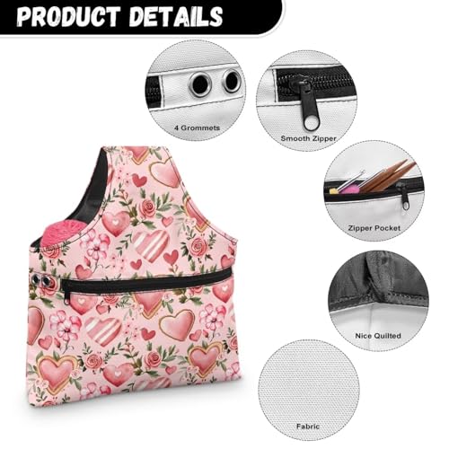 Image of KUIFORTI Pink Rose Knitting Tote Bag Love Heart Travel Knitting Yarn Storage Bag Organizer for Valentines Day Lightweight for Holding Yarn Crochet Needles, Knitting and Crochet Supplies