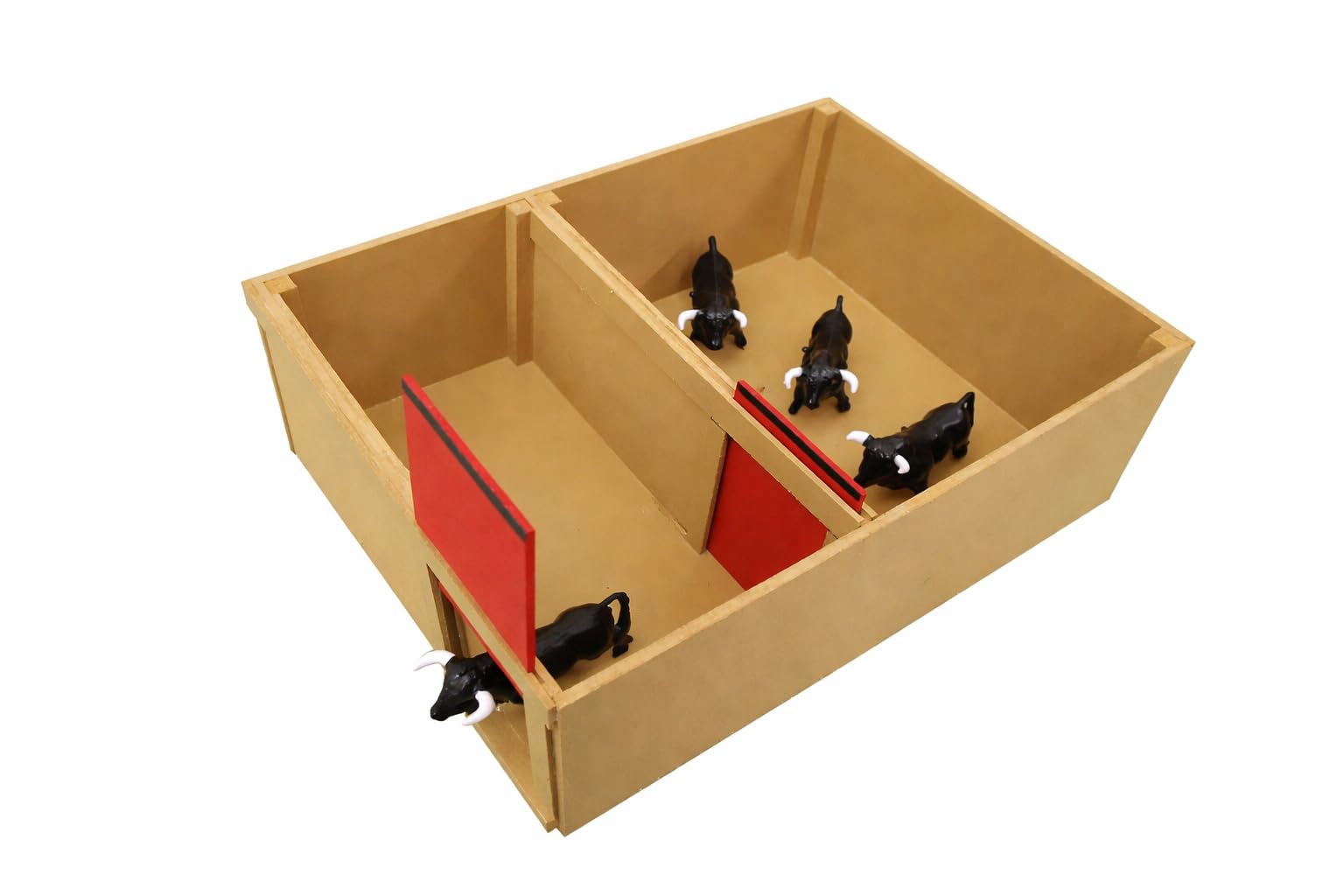 TOROS DE Juguete con Toril Artesanal DE Madera para Plaza TOROS Juguete Pack Infantil Completo Incluye 4 TORITOS Negros Miniatura Corral Tradicional Medidas 33X24X11 CM