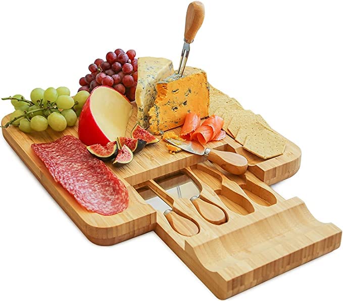 MosQuick® CheesePlatter Board and Knife Set. Wood Charcuterie Board Set, A Perfect Serving Platter for Meat, Cheese, Crackers and Wine. All Natural Bamboo with 4 Stainless Steel Cheese Knives