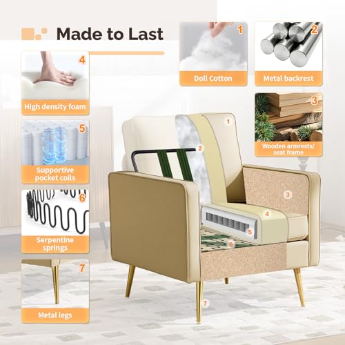 Image of VINGLI PU Leather Accent Chairs Set of 2, Mid-Century Modern Living Room Chairs with Removable Cushions, Gold Legs, Upholstered Sofa Armchair for Bedroom, Office, Apartment, Play Room