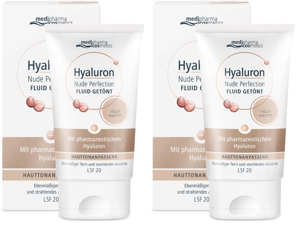 Hyaluron Nude Perfection hell - Tagespflege mit hauttonanpassender Technologie - mit Hyaluron & Vitamin A - LSF 20 - medipharma cosmetics - 50 ml (Packung mit 2)