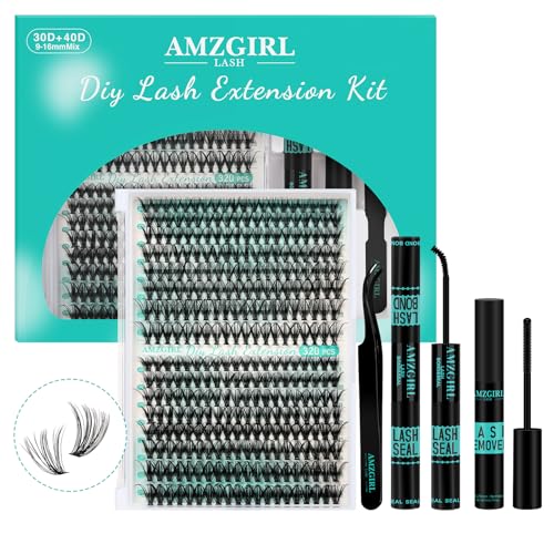 AMZGIRL LASH Clusters Kit 320Pcs, DIY Individual Extensions with Lash Bond and Seal, Remover For False Eyelashes, Applicator Tool Kit At Home(3040D,D-Mix9-16mm, Black