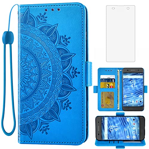 Asuwish Compatible with Sony Xperia XA Wallet Case Tempered Glass Screen Protector Credit Card Holder Flip Purse Accessories Wrist Strap Stand Cell Phone Cover for Experia XperiaXA Men Blue