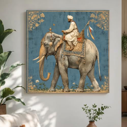 Image of PAINTINGMANTRA Digital Indian Art Man Riding Elephant Wall Decor Print Multicolor | Canvas Painting Stretched on Wood | Suits For Living Room, Bedroom, Hallways (22 Inch)