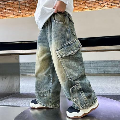 Boy's Elastic Waist Loose Cargo Pants Casual Preppy Sweatpants with Pockets Cargo Jeans for Boys3