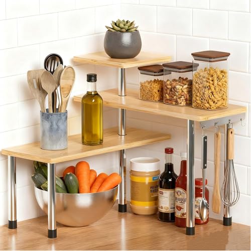 SOONHUA Estantería esquinera para cocina, 3 niveles, encimeras de cocina, organizador con 4 ganchos laterales, orientación ajustable, ahorra espacio, estantería de cocina para cocina y cafetería