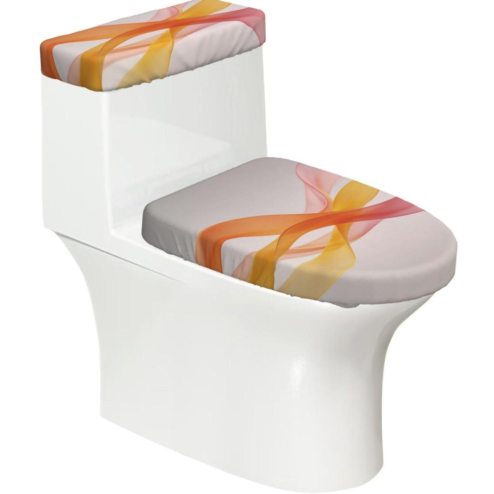 Ribbon Color Flow Elastic Toilet Cover Set of 2-Stretchy Lid and Tank Covers for Bathroom, Soft Washable U Shape Toilet Decor