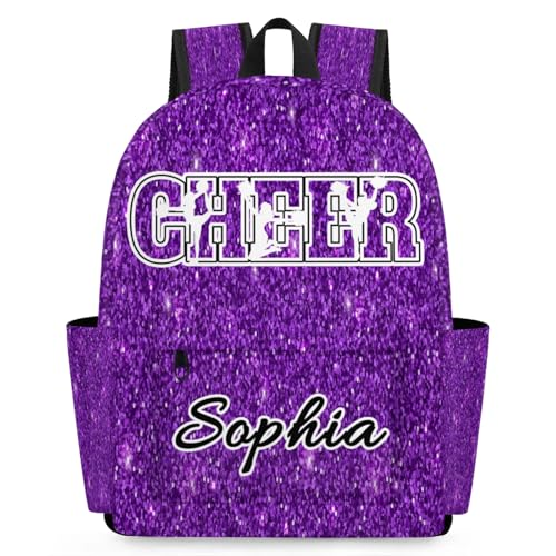 Personalized Cheer Backpack Bag for Women, Custom Large Capacity Shoulder Bags, Waterproof Cheerleaders Casual Daypack, Purple Glitter