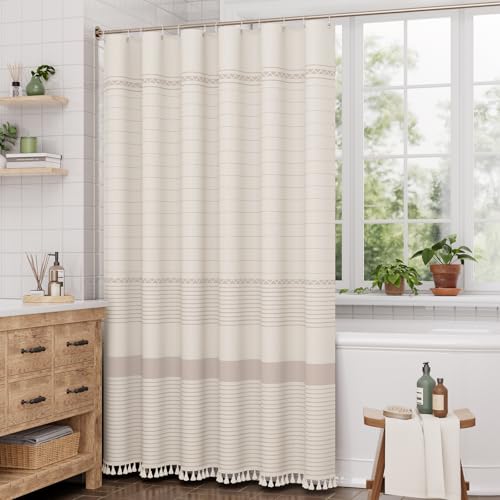 Image of AmazerBath Boho Shower Curtain, Modern Farmhouse Shower Curtain Set with Tassels, Rustic Faux Linen Pink Striped Shower Curtain with Hooks, Light Tan Toned, 72x72 Inches