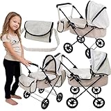 Doris Puppenwagen mit Tasche, Beige Design Kariert, Tief, Klapptruhe, Höhe 64 cm