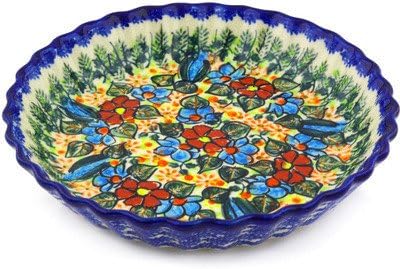 Polmedia Polish Pottery Fluted Pie Dish UNIKAT - Bold Poppies Pattern Handmade in Boleslawiec Poland by Ceramika Bona + Certificate of Authenticity