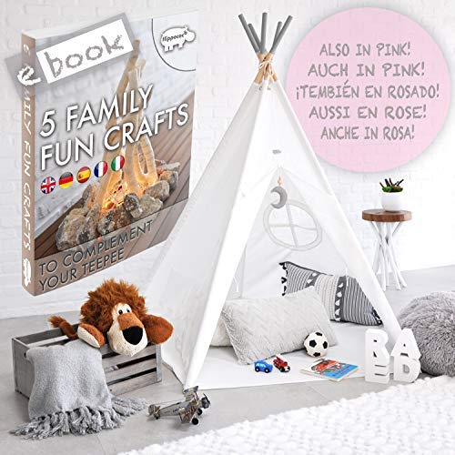 Hippococo Teepee Tent for Kids: Large Sturdy Quality 5 Poles Play House Foldable Indoor Outdoor Tipi Tents, True White Canvas, Floor Mat, Grey Moon Accessory, Family Fun Crafts eBook Included (Grey)