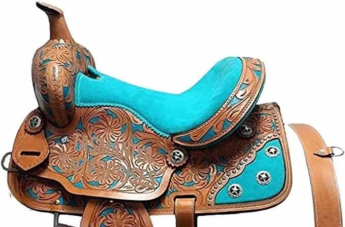 Premium Leather Western Barrel Racing Horse Saddle Tooled Carved Riding Trail Equestrian Best Horse Riding for Rider Tack, Size:10-18 inches Seat, RE06 (11)