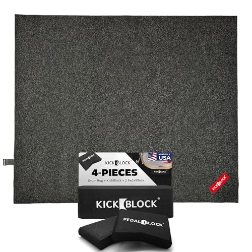 Image of KickBlock Drum Kit Bundle - Drum Rug 6'6 inch x 5'6 inch + Bass Drum Anchor + PedalBlock Set Black - Stops Bass Drum Creep & Pedal Slide - Non-Slip Drum Mat - Drummer Gift & Accessories