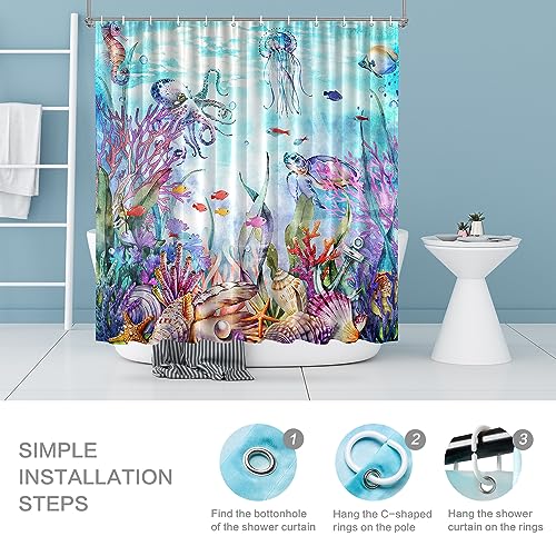 CutebriCase Ocean Seaworld Shower Curtain, Marine Life Kids Shower Curtain Beach Turtle Octopus Sea Horse Coral Star Conch Fish Beach Shower Curtain Set Washable Home Office Decor Bath Curtains - Image 5