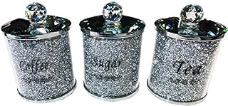 Beautiful Tea Sugar Coffee Set of 3 Crushed & Crystal Kitchen Storage Canisters Jars (Silver)