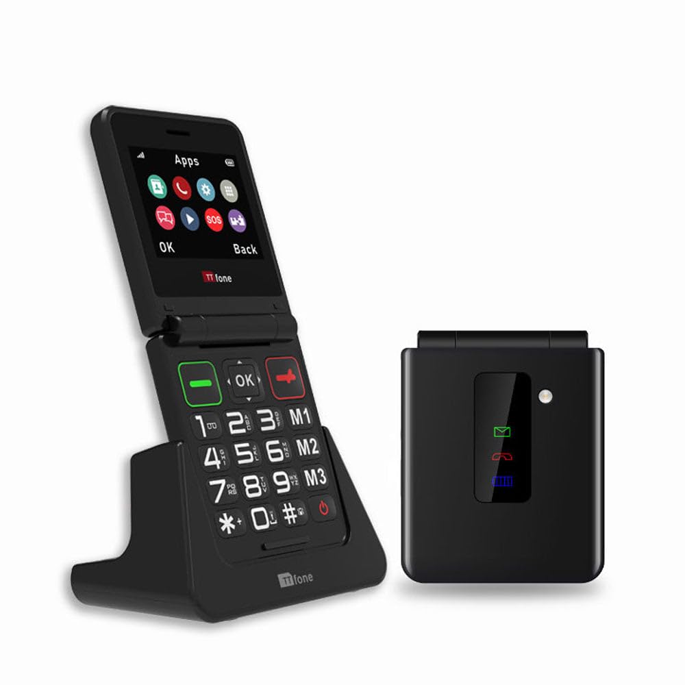 TTfone TT660 - Teléfono móvil abatible para Personas Mayores, diseño Plegable, Botones Grandes, Asistencia de Emergencia, batería de Larga duración, Pago por Uso (EE PAYG, Negro, con Cargador de Red)