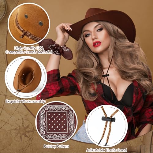 Image of Coume 15 Set Western Cowboy Hat Costume Accessories Paisley Bandanna Cowgirl Hats Bulk for Adult Women Men Dress Party