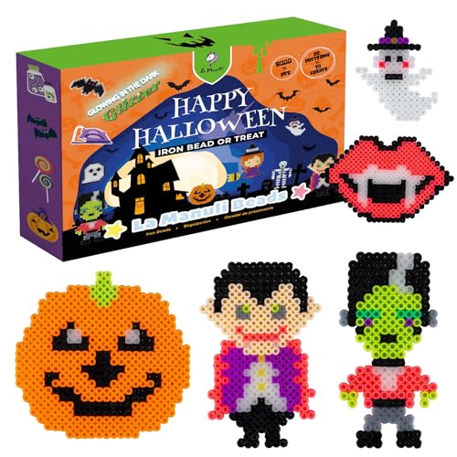 La Manuli strykpärlor set halloween 6 000 pärlor, 13 färger (neon, glitter och lysande i mörkret) med platta tillbehör mönster, plug-in-pärlor kompatibla med alla märken, pyssellåda