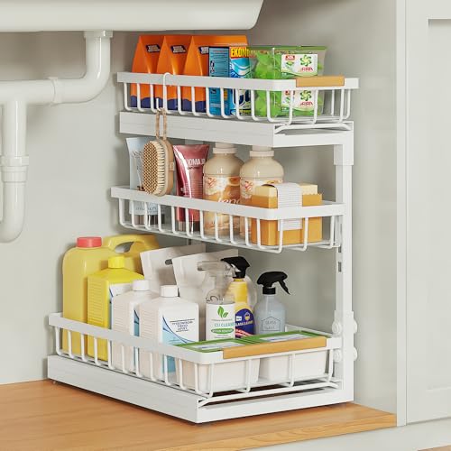 Image of Under Sink Organizer and Storage for Bathroom and Kitchen - 1 Pack 3 Tier | Cabinet Pull Out Shelf Organizers - Slide Out Drawer Organization for Home Cabinets Shelves and Drawers