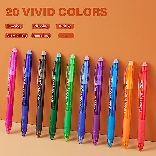 Parkoo Retractable Erasable Gel Pens Clicker Fine Point 0.7 Mm, No Need For White Out, 20 Assorted Color Inks For Drawing Writing Planners And Crossword Puzzles #TOP4
