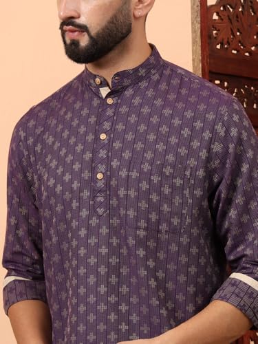 Image of LATEST CHIKAN Men's Cotton Regular Self Design Short Kurta Full Sleeves - Casual Ethnic Wear