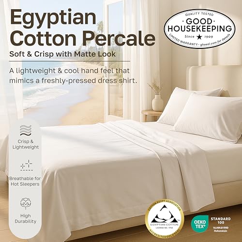 Image of California Design Den Egyptian Percale Sheet Set Full Size - Certified 100% Egyptian Cotton, Lightweight Percale Cotton Sheets Full Size, Deep Pockets, Crisp & Durable Luxury Bedding Set - Slate Blue
