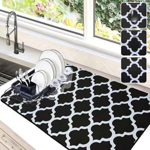 Image of Dish Drying Mat for Kitchen Counter, 16x24 Rubber Backed (Black Trellis) | Hide Stain Anti Absorbent for Kitchen Counter, Non-slip Drying Mat for Coffee Machine Dish Rack