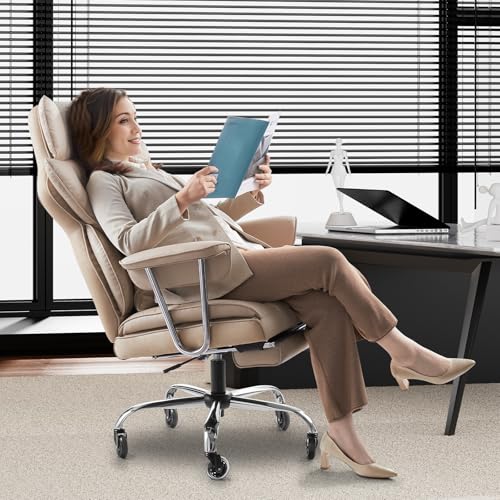 Image of VEVOR Executive Office Chair with Footrest, 400lb Capacity Oversize Office Chair with Lumbar Pillow & Removable Armrests, Heavy Duty Ergonomic Chair, PU Leather Reclining Home Office Desk Chair, Brown