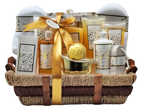NOA Set de Baño regalo Premium con aroma a Aceite de Argán – Kit Completo con Gel de Ducha, Loción Corporal, Burbujas de Baño, Exfoliante y Sales de Baño – Regalo Perfecto para el Cuidado Personal