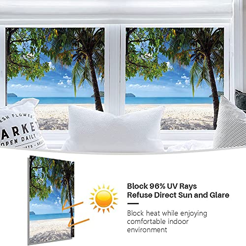 Summer Adhesive Window Film, Tropical Beach Ocean Behind Palm Tree Caribbean Exotic Holiday Image, For Uv Blocking Heat Control Glass Stickers, W23.6 X L47.2 Inch Fern Green #TOP3