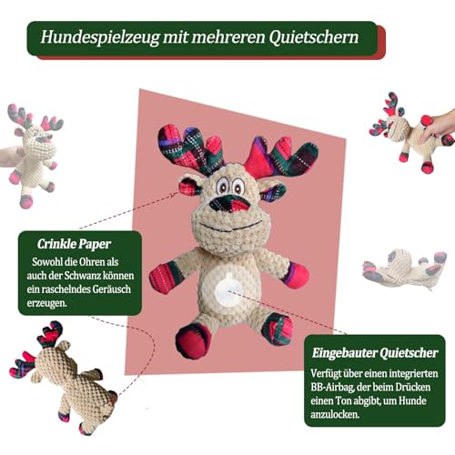 JWTEEE Hundespielzeug Plüschtier mit Quietscher & Knisterfolie – Interaktives Rentier-Kuscheltier für Welpen geeignet, kleine, mittlere und große Hunde