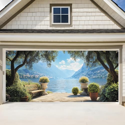 ANNA QUEEN Mural Garage Door Banner 6 x 13FT, Mediterranean Lakeside Garden View with Bench and Mountains, Romantic Garden Scenic Backdrop for Patio, Yard, Holiday, Party Decor