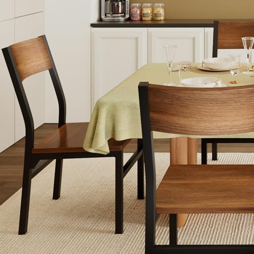 Image of Feonase Dining Chairs Set of 6, Modern Kitchen Chairs with Ergonomic Backrest, MDF Board and Metal Legs, Dinner Chairs for Dining Room, Kitchen and Living Room, Walnut