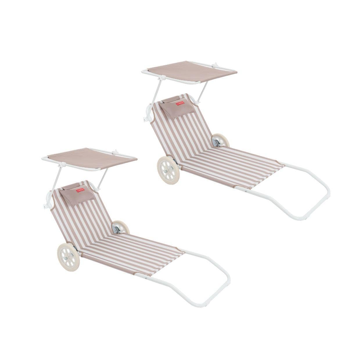 Flamingueo - Pack 2 Sillas Playa - Tumbona Plegable - 5 Posiciones - Parasol Ajustable UPF 50+ - Almohada Ergonómica - Convertible en Carrito de Transporte