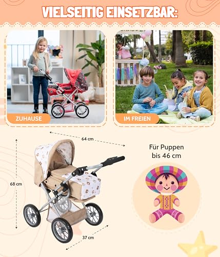 Bayer Chic 2000® 3in1 Kombi Puppenwagen Leni - Bärchen Beige - faltbar, höhenverstellbarer Griff 43-67 cm, Tragetasche – Puppen bis 46 cm, ab 3 J.