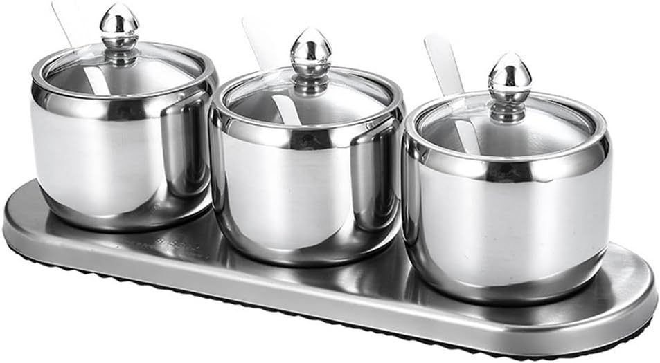 Zerodeko Salt Jars Sugar Metal Tins Containers Metal Seasoning Pot Condiment Jar Seasoning Jar Seasoning Pot with Seasoning Dispenser Glass Terrarium with Lid Pots Cruet Box Multifunction, Silver