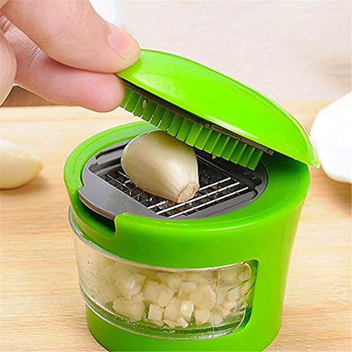 MWHH Kitchen Innovations Garlic Press, Crusher, Cutter, Mincer, and Storage Container - Includes Silicone Garlic Peeler - Easy to Clean - Stainless Steel Blades – (Green)