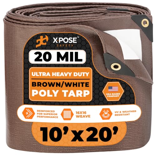 Image of Xpose Safety 10' x 20' Brown /White Ultra Heavy Duty Tarp - 20 Mil - Extra Large, Waterproof Tarp Cover Rain Camping,Tent Tarp,UV Protection,Reinforced Corners