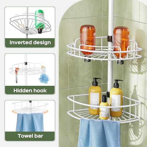 Image of HAMITOR Rustproof Bathtub Corner Shelf, 4-Tier Shower Caddy Tension Pole | Adjustable Bathroom Organizer For Shampoo, Accessories, Storage, No-Drill Quick Install, Space-Saving 47.7-123.6 Inch, White
