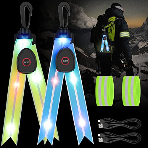 LED Blinklicht mit Buntem Licht, USB Aufladbar Kinder Reflektoren Sicherheitslicht, 2 Stück Wasserdicht Reflektor Anhänger mit 2 Doppel Reflektorbänder für Schulranzen, Rucksack, Wandern, Joggen Cover