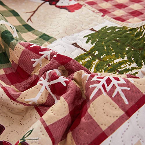 Christmas Quilt Set King Size Red Green Plaid Patchwork Quilt Set Lightweight Bedspread Coverlet Snowman Pattern Bedding Bed Set Gift for Kids Girls Adults,1 Quilt,2 Pillow Shams