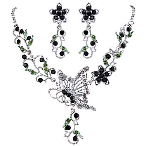 EleQueen Women's Austrian Crystal Butterfly Flower Leaf Necklace Earrings Sets Black