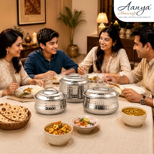 Image of Aanya Homecraft Stainless Steel Insulated Hotpot Set, Silver Serving Casserole for Roti, Rice, Curry & Food Storage, Home & Kitchen Serveware, Set of 3 Sizes