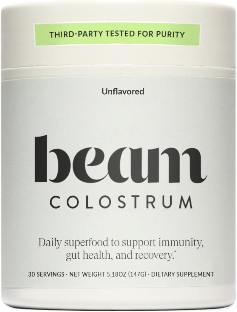 Beam Colostrum Powder – Gut Health, Immune Support & Recovery Supplement – 3g per Serving – Grass-Fed, Third-Party Tested, Pure Whole Bovine Colostrum – No Fillers, Non-GMO, 30 Servings